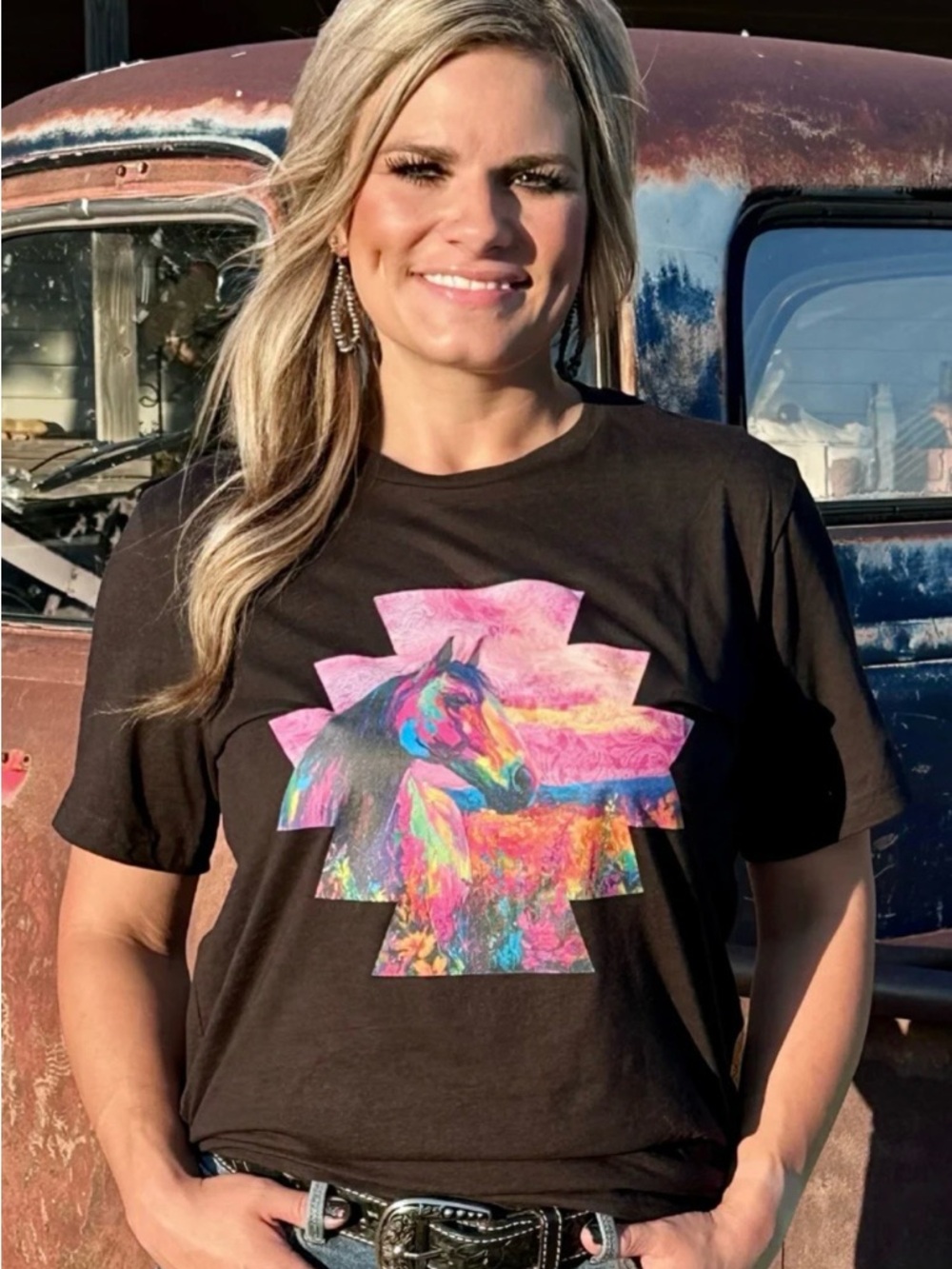 Women's Short Sleeve Black Graphic Tee with Colorful Horse